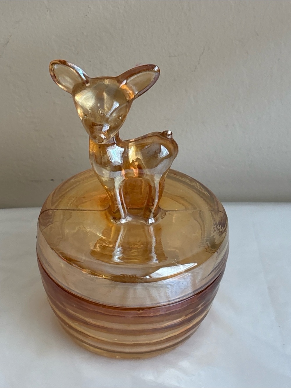 Vintage 1940's Jeanette Marigold Carnival Glass Deer Fawn Powder Trinket Candy